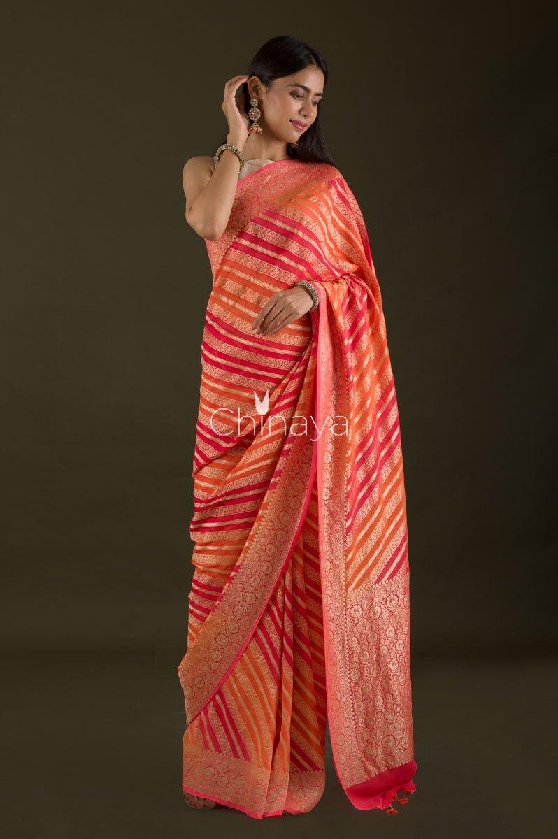 Women In Red Woven Georgette Silk Saree  At Chinaya Banaras