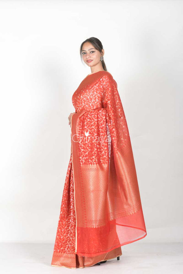 Red Woven Jaal Banarasi Cotton Saree - Chinaya Banaras