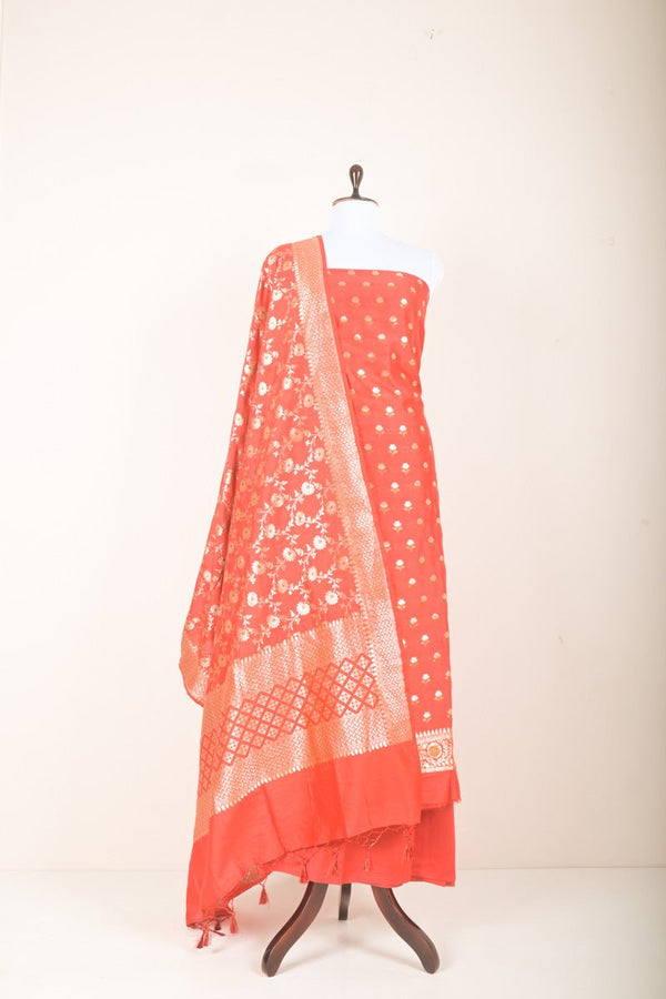 Red Woven Mulberry Silk Dress Material - Chinaya Banaras