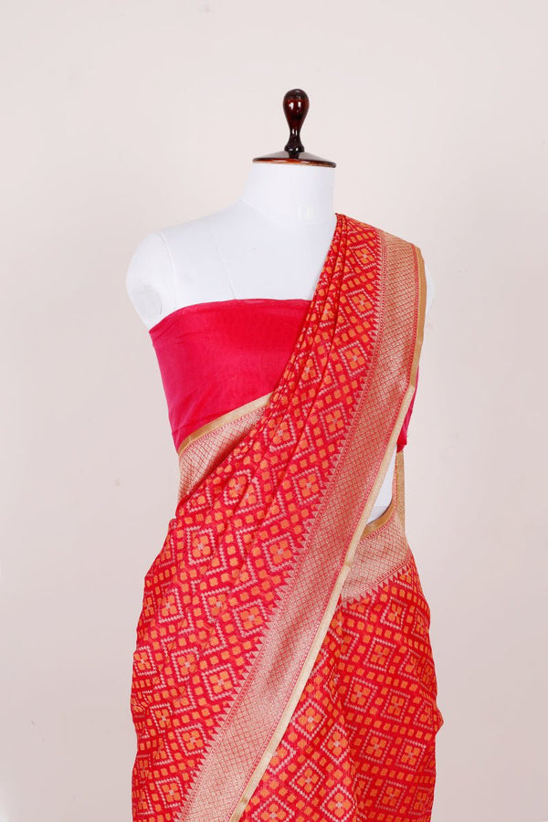Reddish Pink Woven Banarasi Cotton Saree - Chinaya Banaras