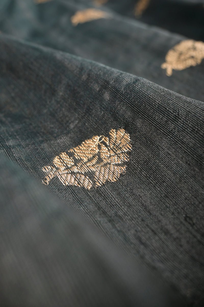Rich Black Kadhwa Weave Raw Silk Fabric - Chinaya Banaras