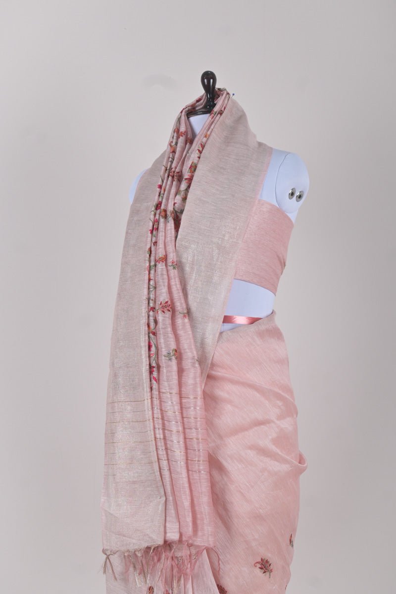 Rose Pink Embroidered Linen Silk Saree - Chinaya Banaras