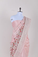 Rose Pink Embroidered Linen Silk Saree - Chinaya Banaras