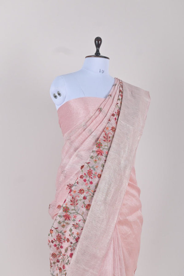 Rose Pink Embroidered Linen Silk Saree - Chinaya Banaras