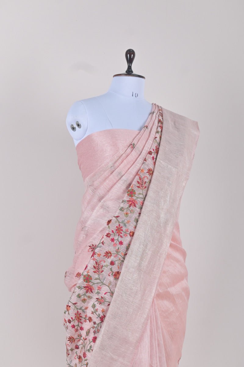 Rose Pink Embroidered Linen Silk Saree - Chinaya Banaras