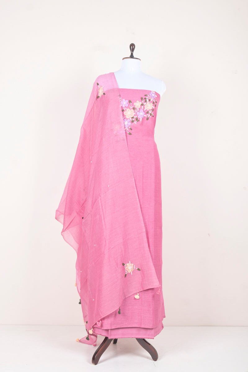 Rose Pink Embroidered Soot Cotton Dress Material - Chinaya Banaras