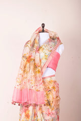 Rose Pink Floral Digital Printed Organza Silk Saree - Chinaya Banaras