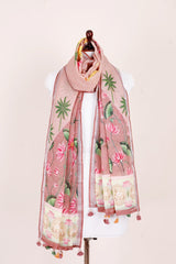 Pink Pichwai Printed Linen Dupatta At  Chinaya Banaras