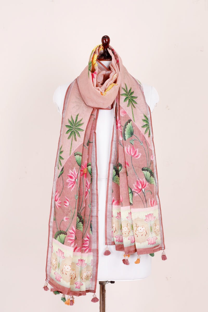 Rose Pink Pichwai Printed Linen Dupatta - Chinaya Banaras