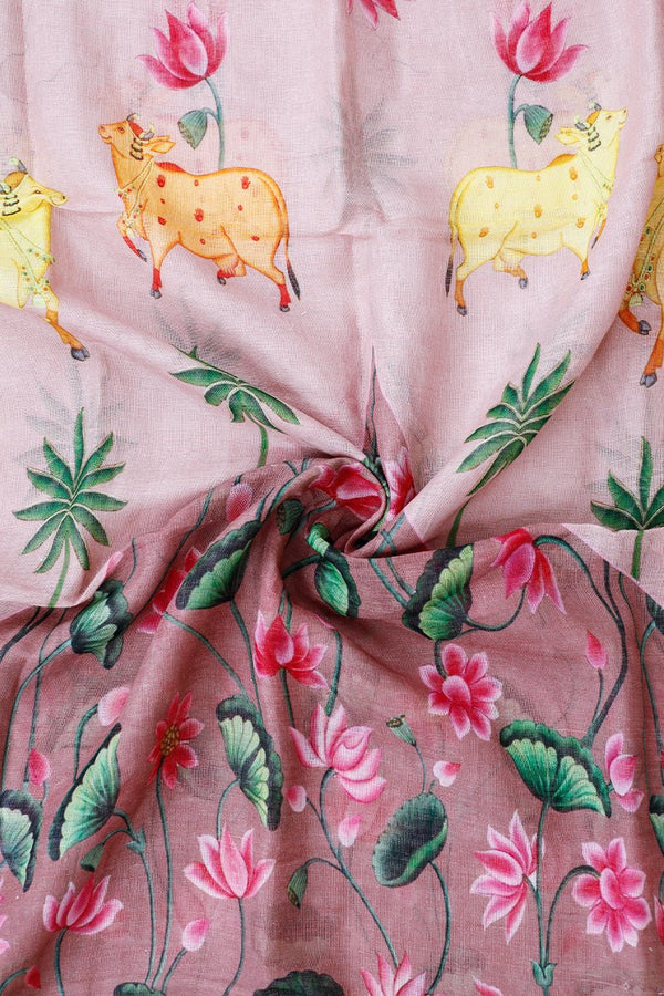 Rose Pink Pichwai Printed Linen Dupatta - Chinaya Banaras