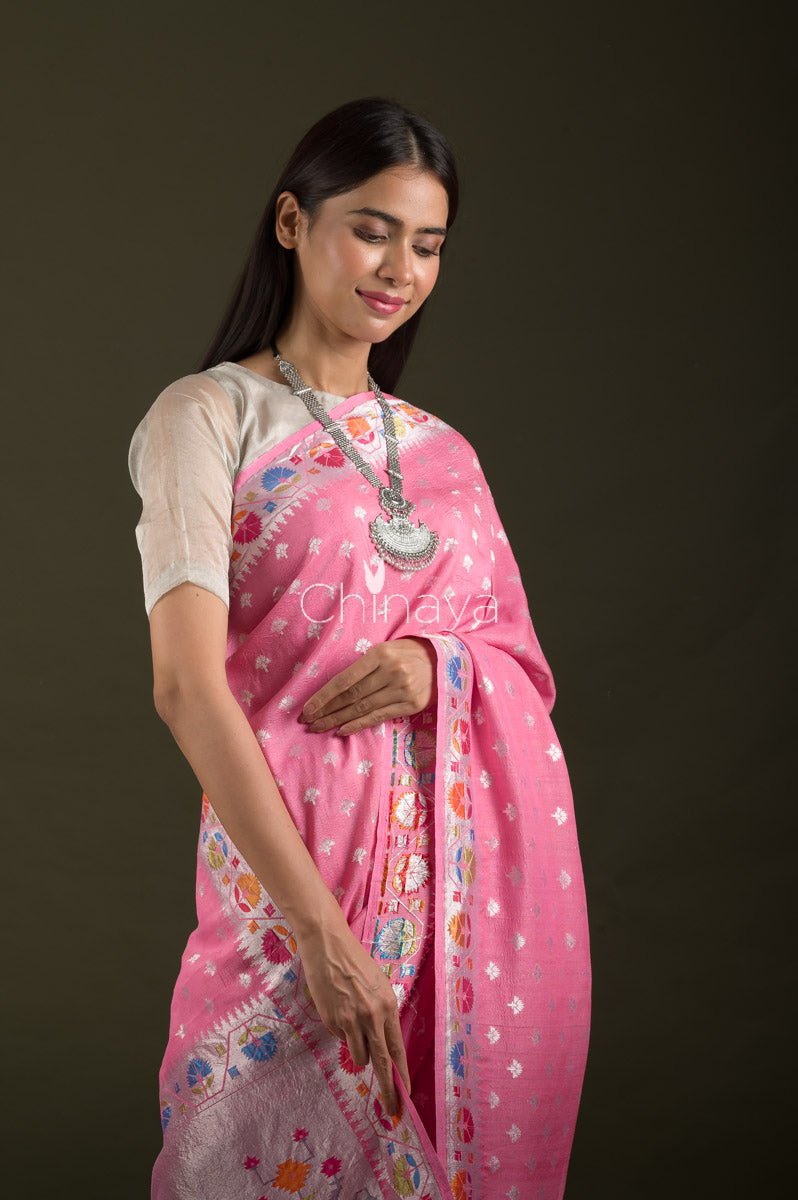 Rose Pink Woven Tussar Georgette Silk Saree - Chinaya Banaras