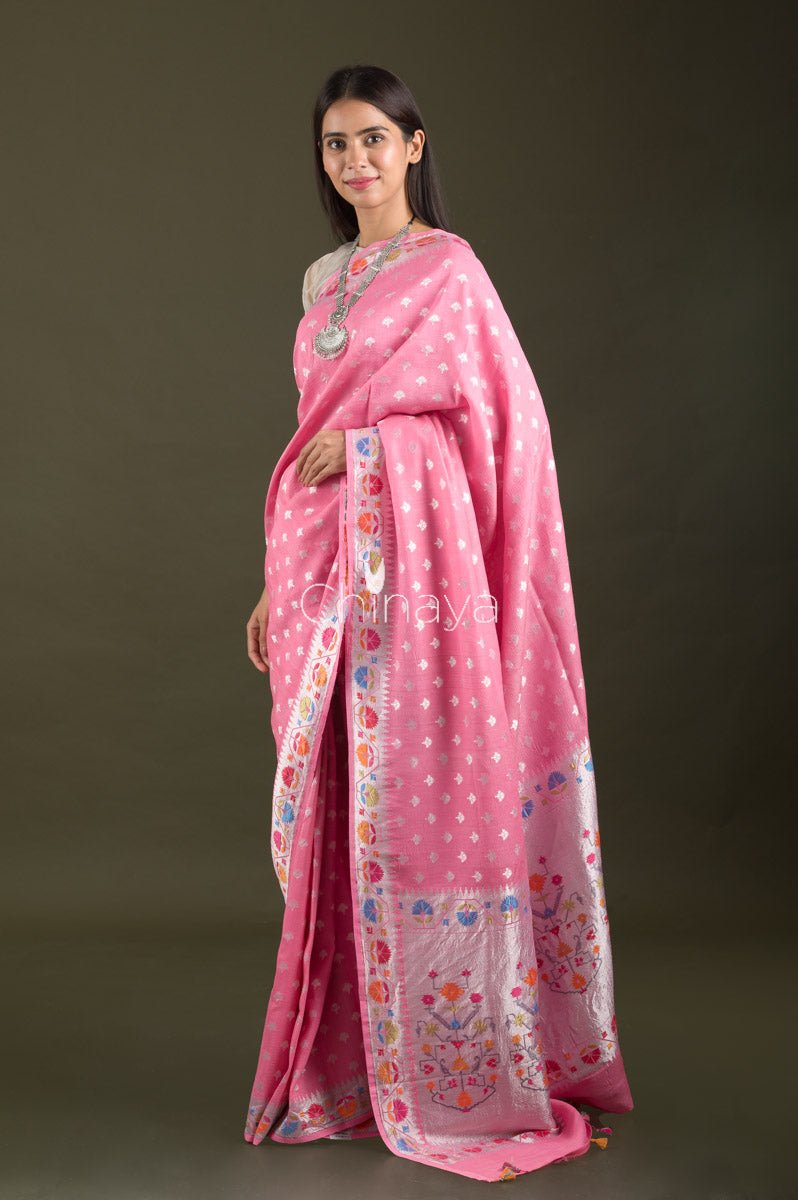 Rose Pink Woven Tussar Georgette Silk Saree - Chinaya Banaras