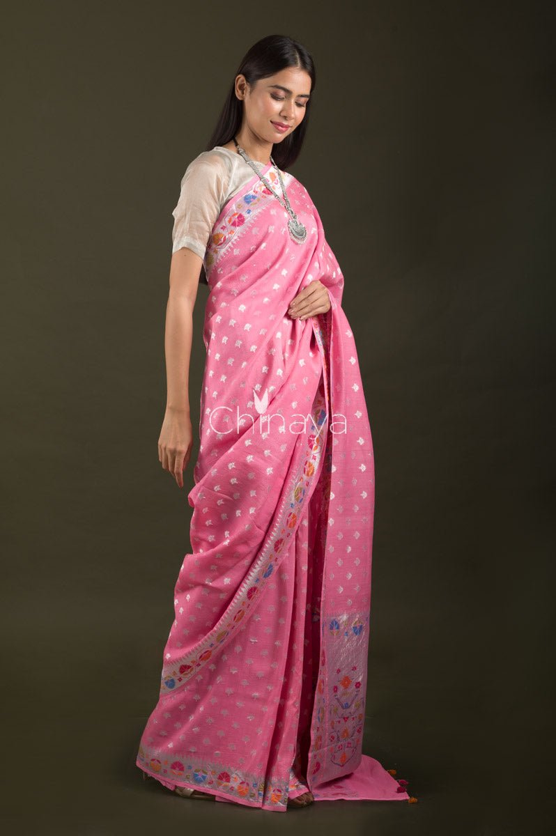 Rose Pink Woven Tussar Georgette Silk Saree - Chinaya Banaras