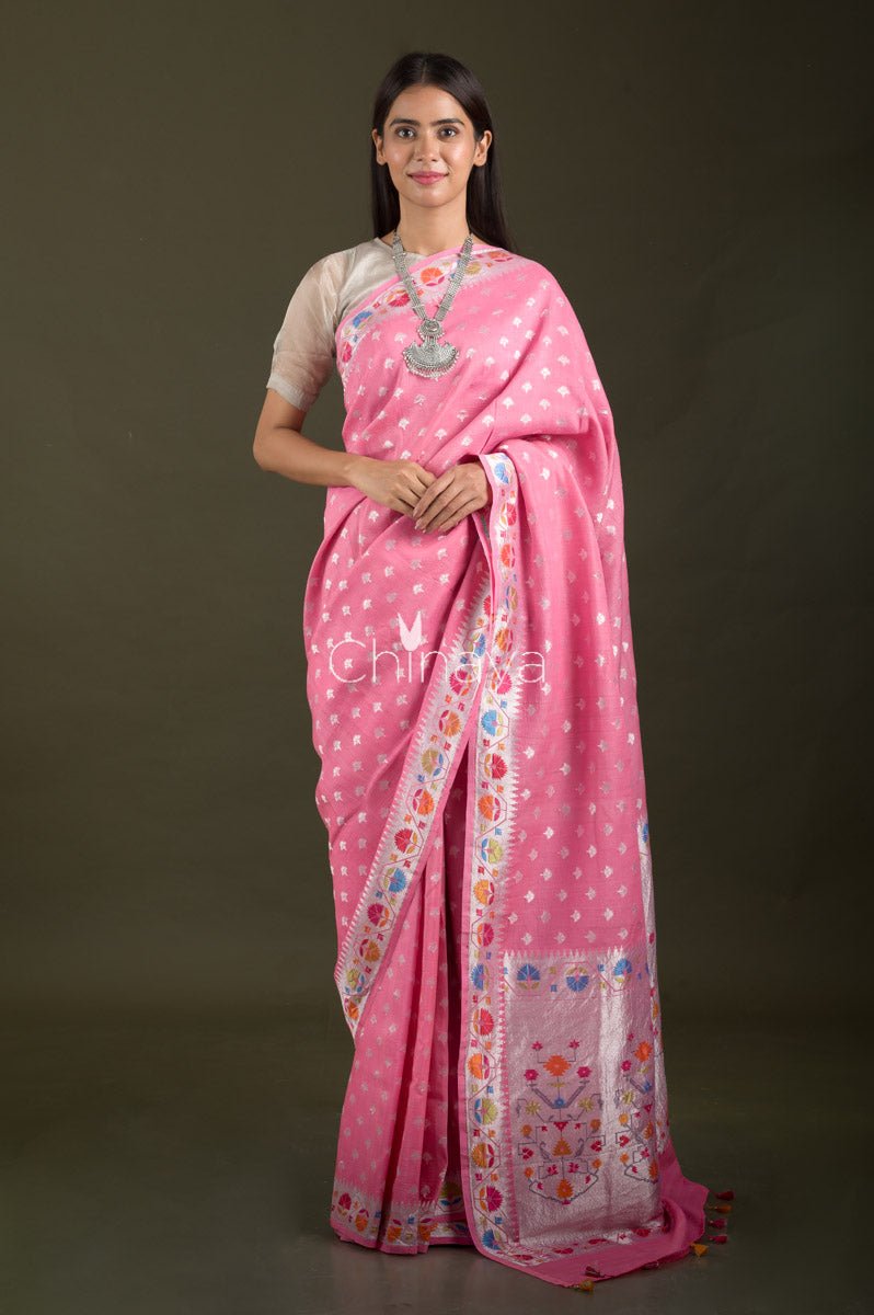 Rose Pink Woven Tussar Georgette Silk Saree - Chinaya Banaras