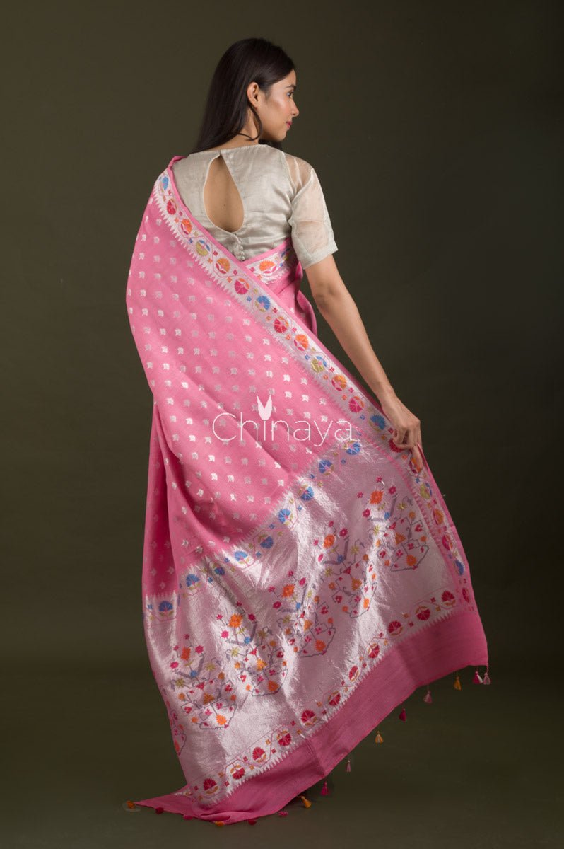 Rose Pink Woven Tussar Georgette Silk Saree - Chinaya Banaras