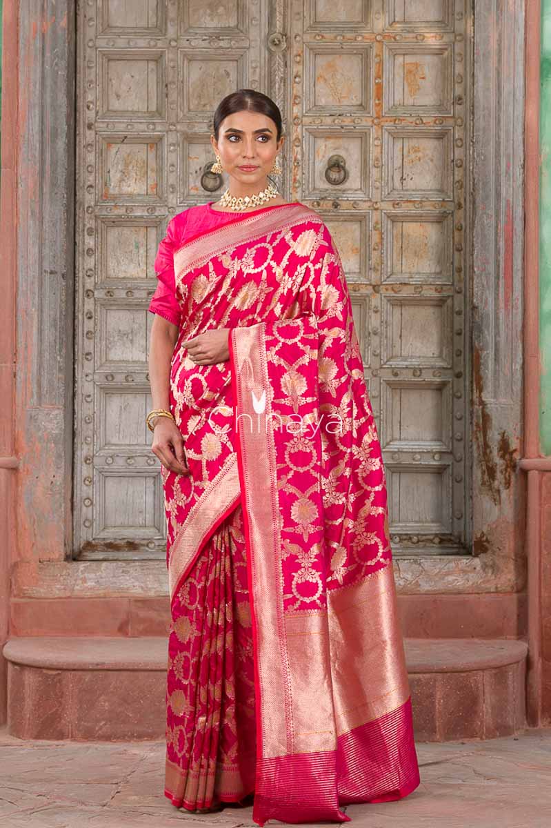 Rosewood Jaal Deep Pink Banarasi Silk Saree - Chinaya Banaras