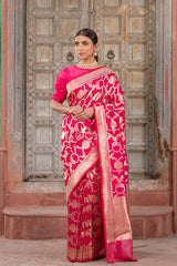 Rosewood Jaal Deep Pink Banarasi Silk Saree - Chinaya Banaras