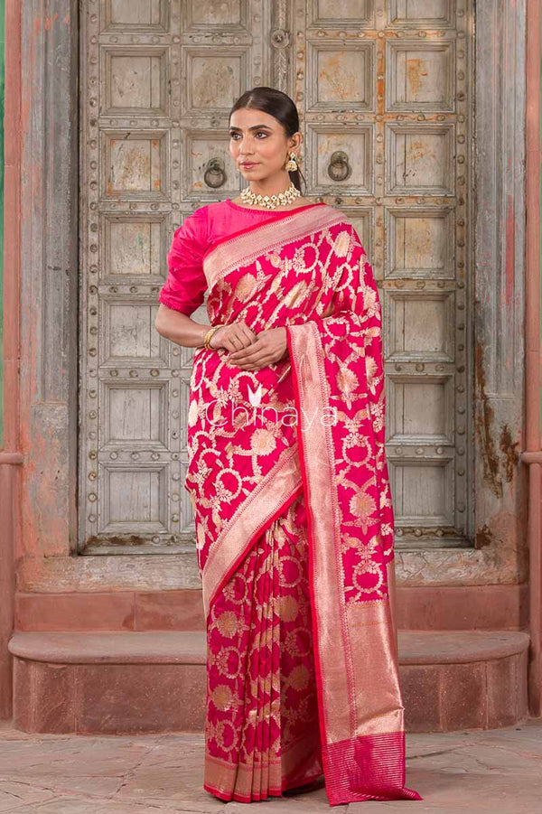 Rosewood Jaal Deep Pink Banarasi Silk Saree - Chinaya Banaras