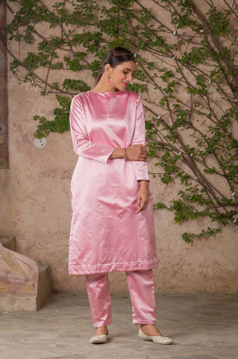 Rozy Haze Baby Pink Mashru Silk Kurta Pant Set - Chinaya Banaras