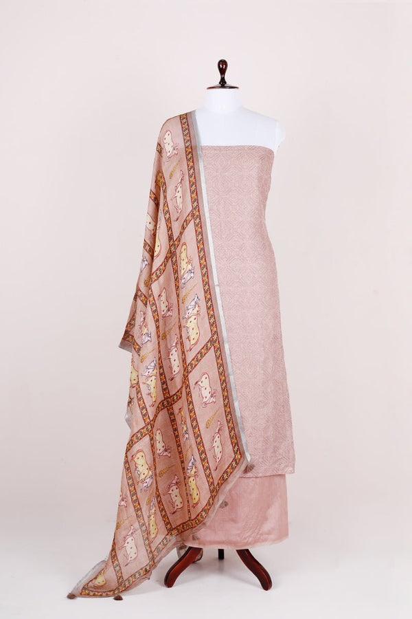Rust Mauve Pichwai Printed Linen Silk Dress Material - Chinaya Banaras