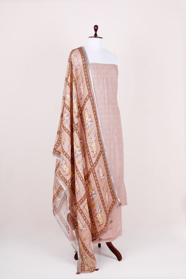 Rust Mauve Pichwai Printed Linen Silk Dress Material - Chinaya Banaras