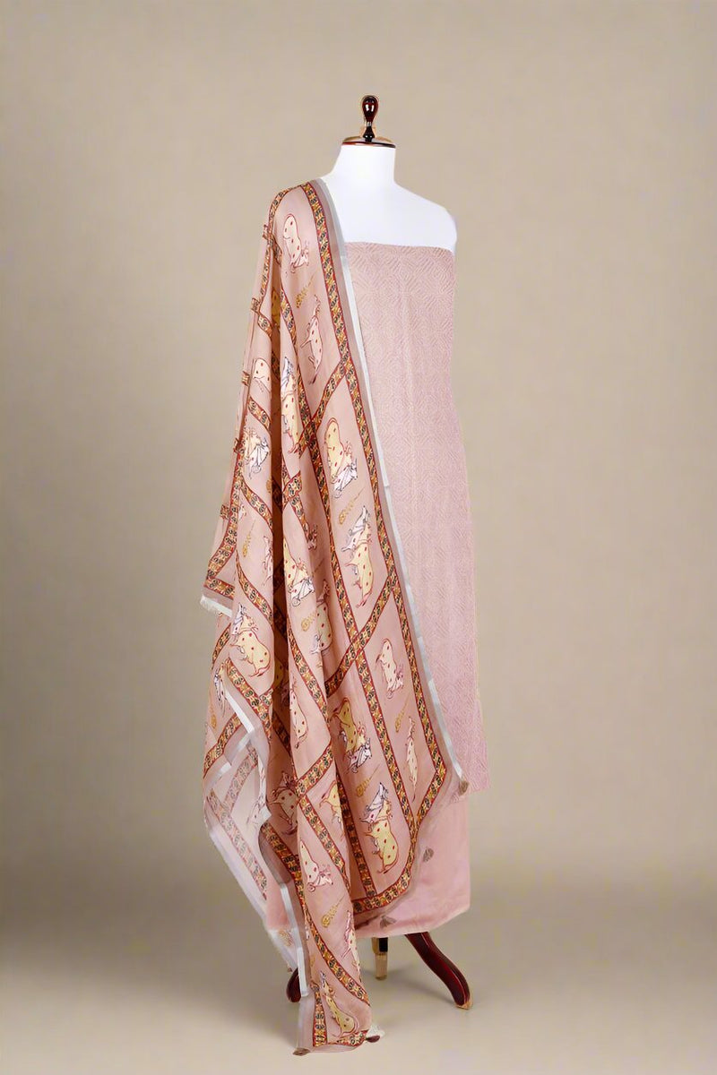 Rust Mauve Pichwai Printed Linen Silk Dress Material - Chinaya Banaras