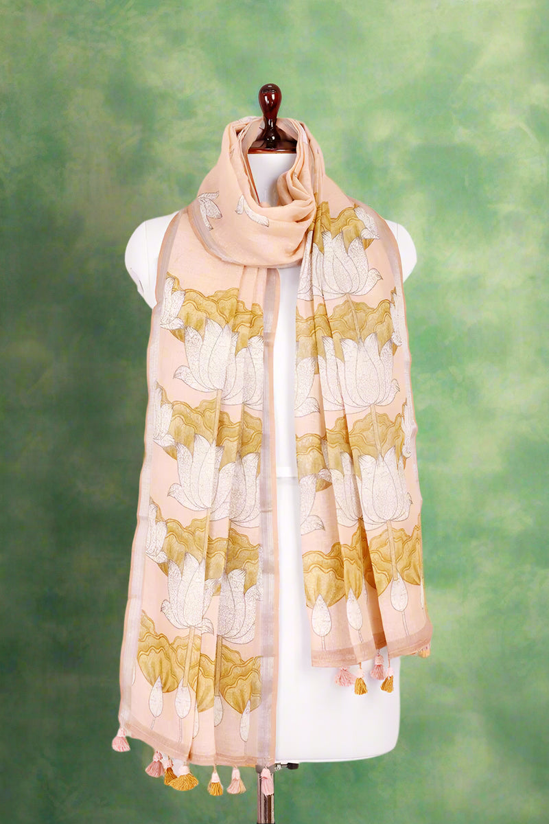 Peach Pichwai Printed Linen Dupatta At Chinaya Banaras