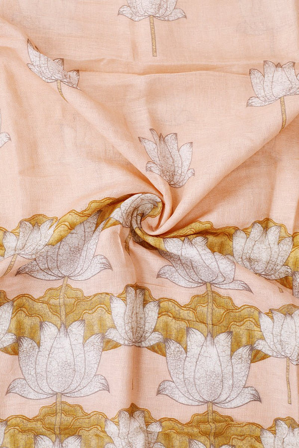 Rust Peach Pichwai Printed Linen Dupatta - Chinaya Banaras