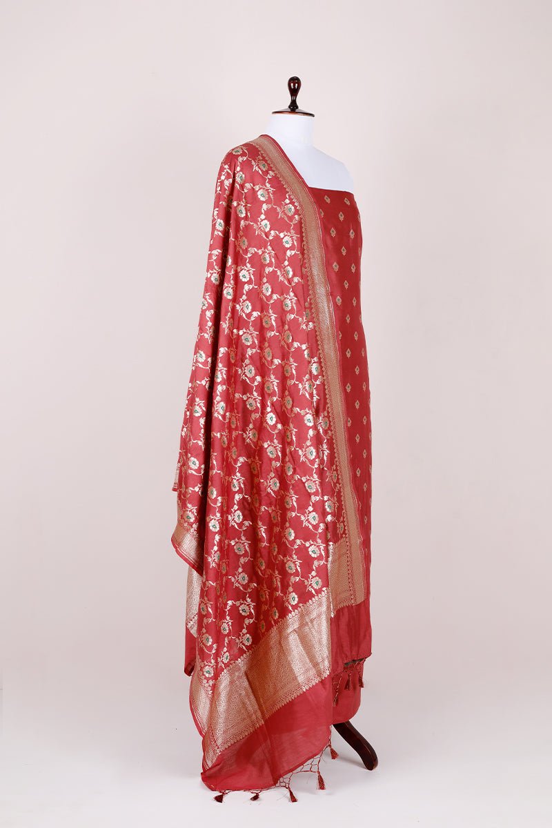 Rust Red Handwoven Mulberry Silk Dress Material - Chinaya Banaras