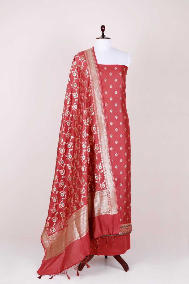 Rust Red Handwoven Mulberry Silk Dress Material - Chinaya Banaras