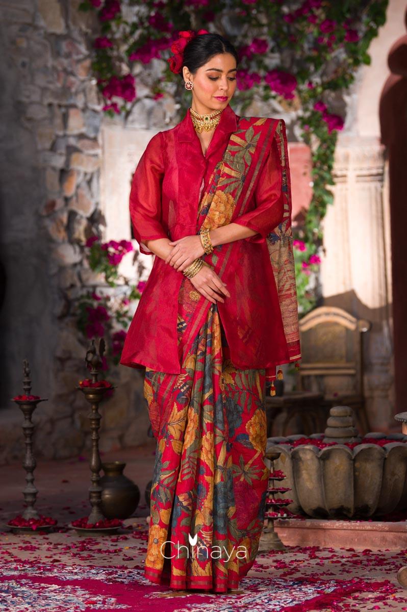 Rust Red Organza Silk Blouse At  Chinaya Banaras