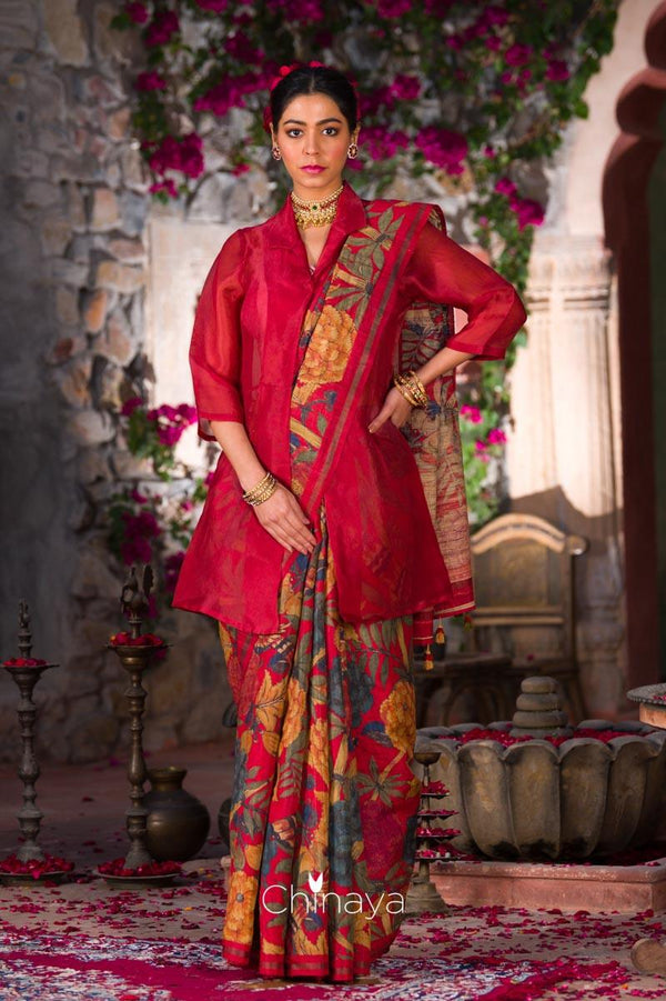 Rust Red Organza Silk Blouse Material At Chinaya Banaras