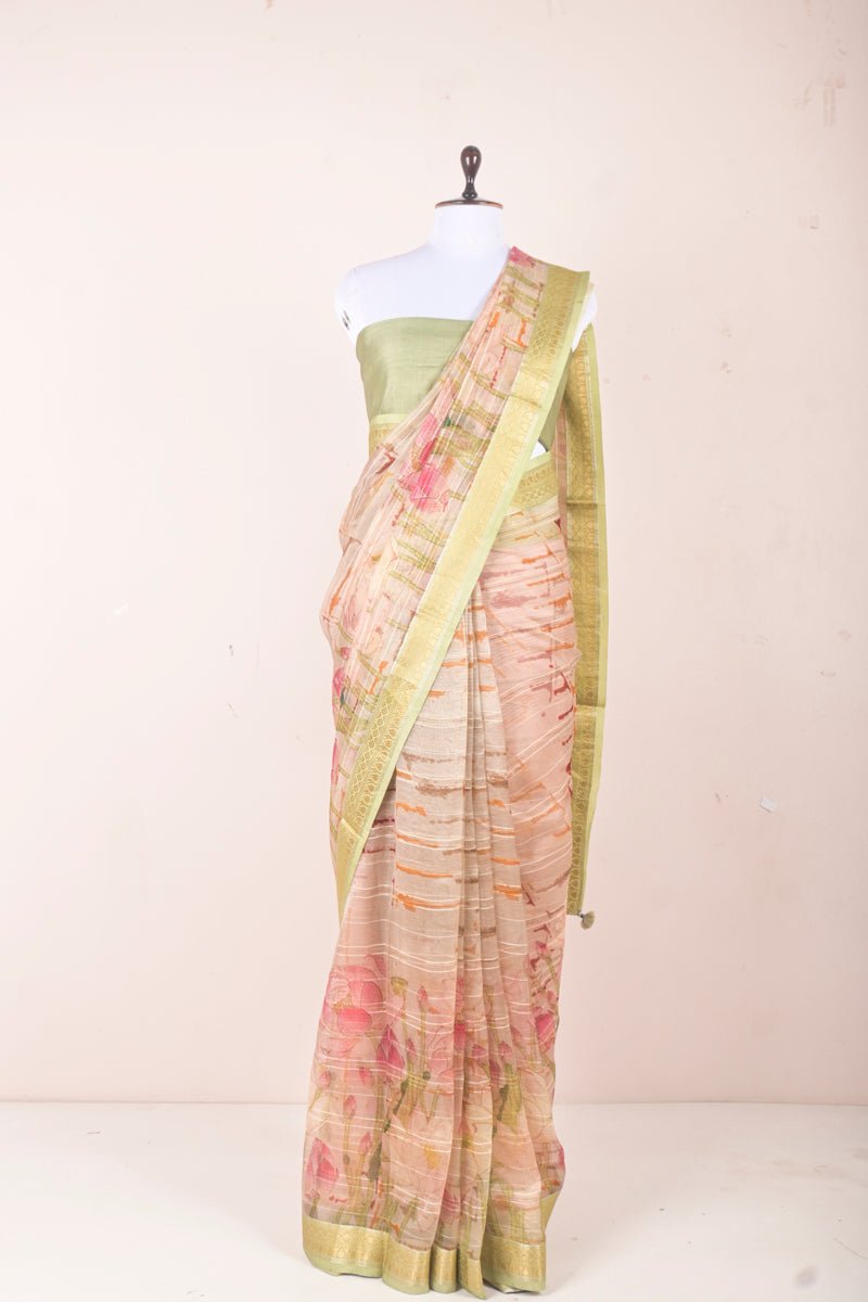 Sage Green Floral Digital Printed Organza Silk Saree - Chinaya Banaras