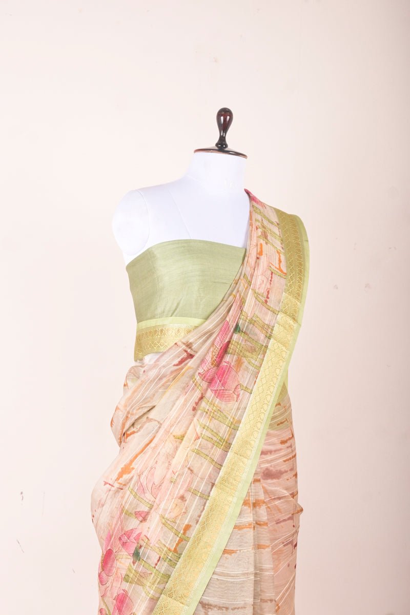 Sage Green Floral Digital Printed Organza Silk Saree - Chinaya Banaras