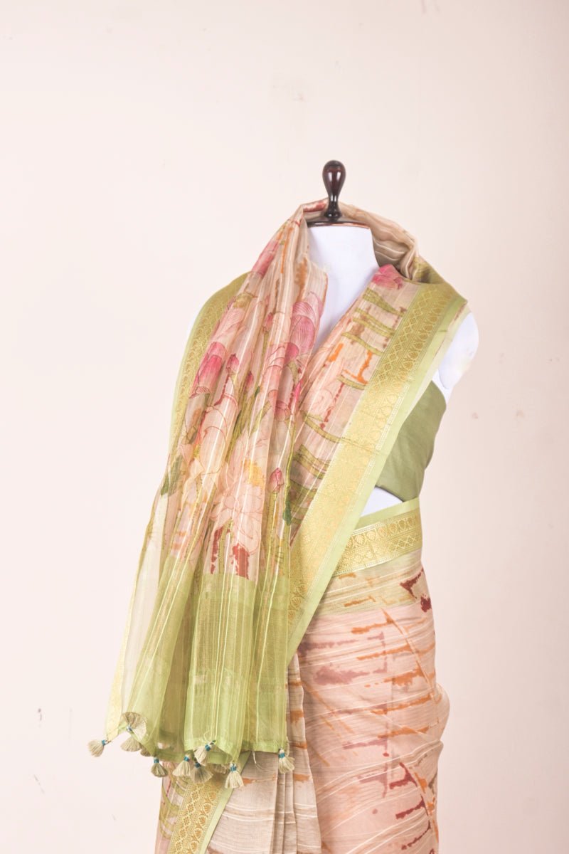 Sage Green Floral Digital Printed Organza Silk Saree - Chinaya Banaras