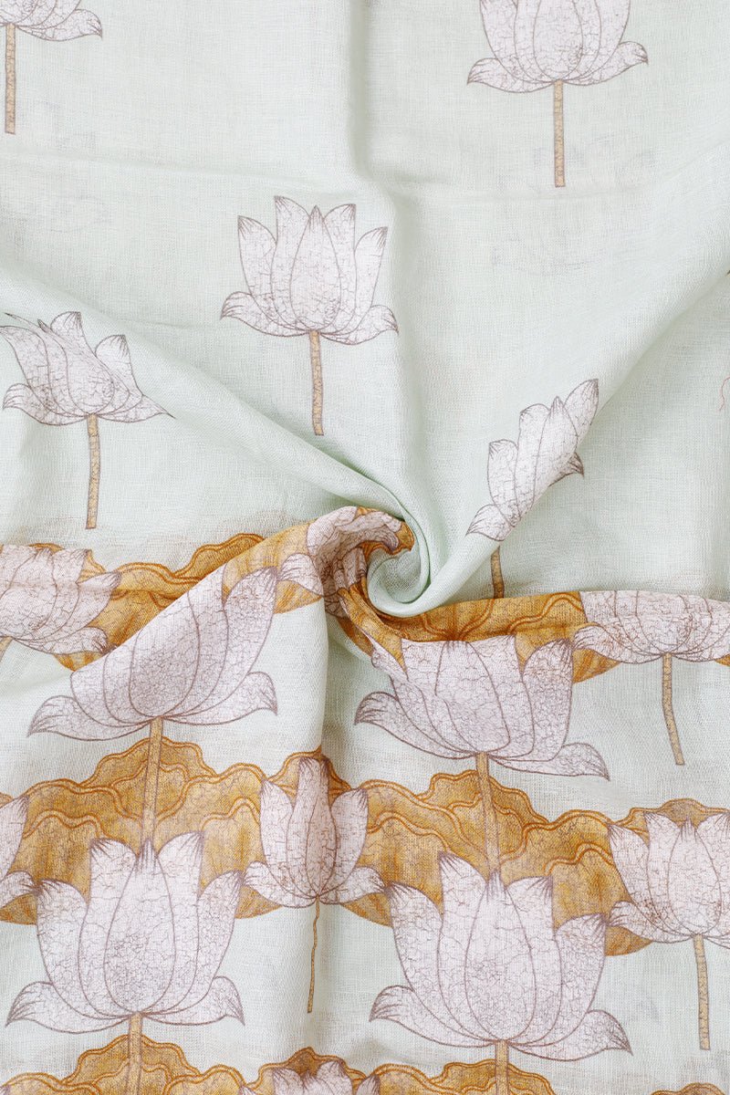 Sage Green Floral Printed Linen Dupatta - Chinaya Banaras