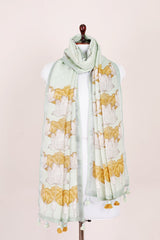 Green Floral Printed Linen Dupatta At Chinaya Banaras