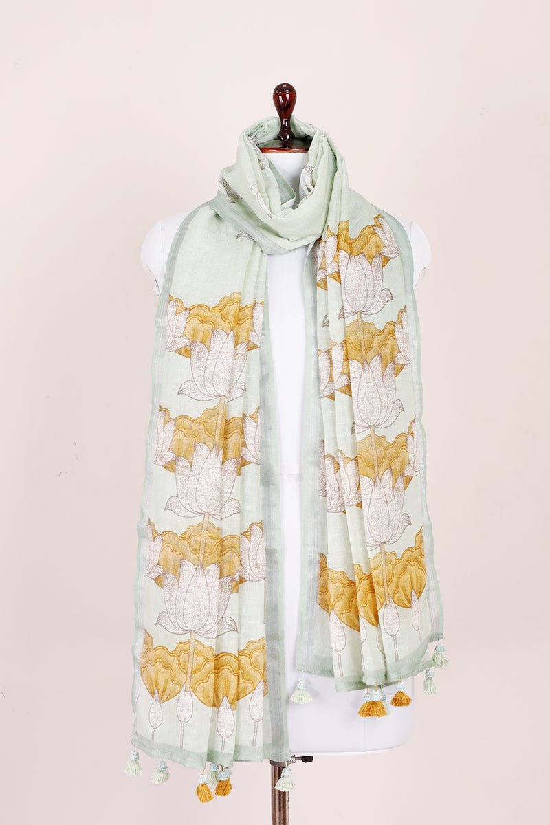 Sage Green Floral Printed Linen Dupatta - Chinaya Banaras