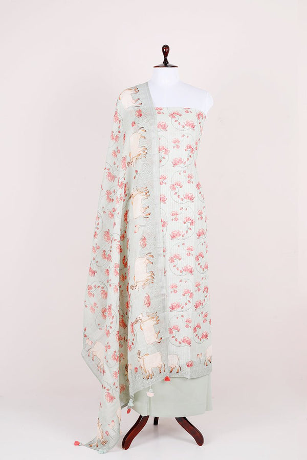 Sage Green Pichwai Printed Linen Silk Dress Material - Chinaya Banaras