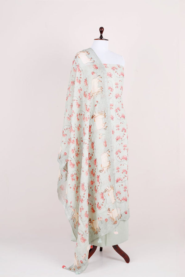 Sage Green Pichwai Printed Linen Silk Dress Material - Chinaya Banaras