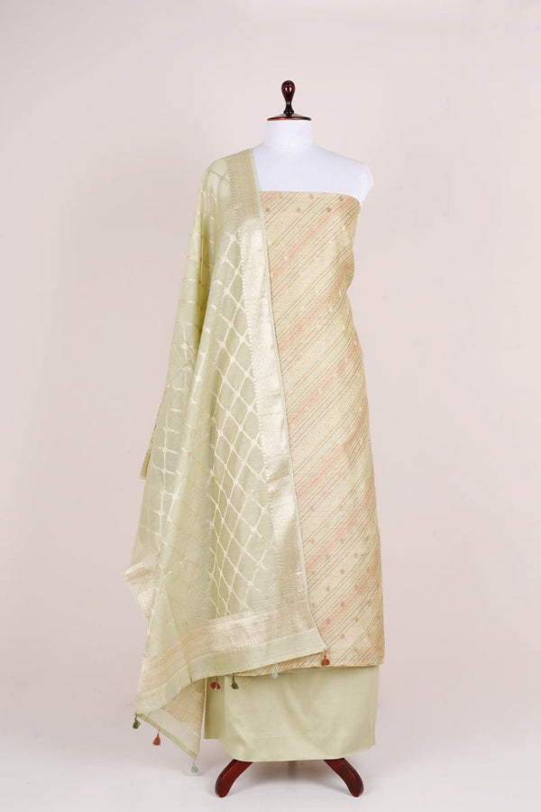Sage Green Striped Chanderi Silk Dress Material - Chinaya Banaras