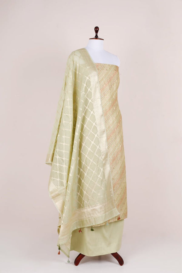 Sage Green Striped Chanderi Silk Dress Material - Chinaya Banaras