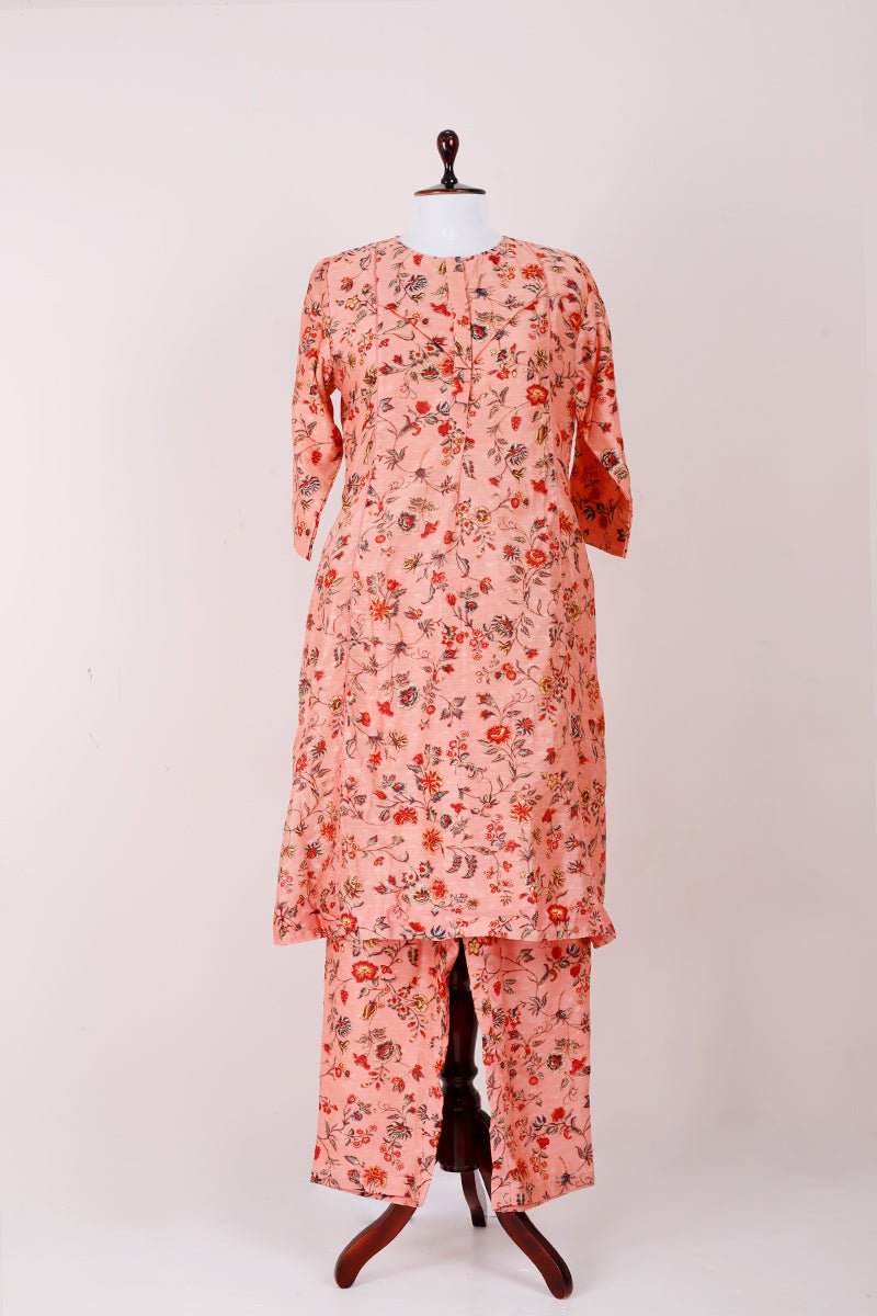 Salmon Peach Floral Printed Chanderi Silk Kurta Pant Set - Chinaya Banaras