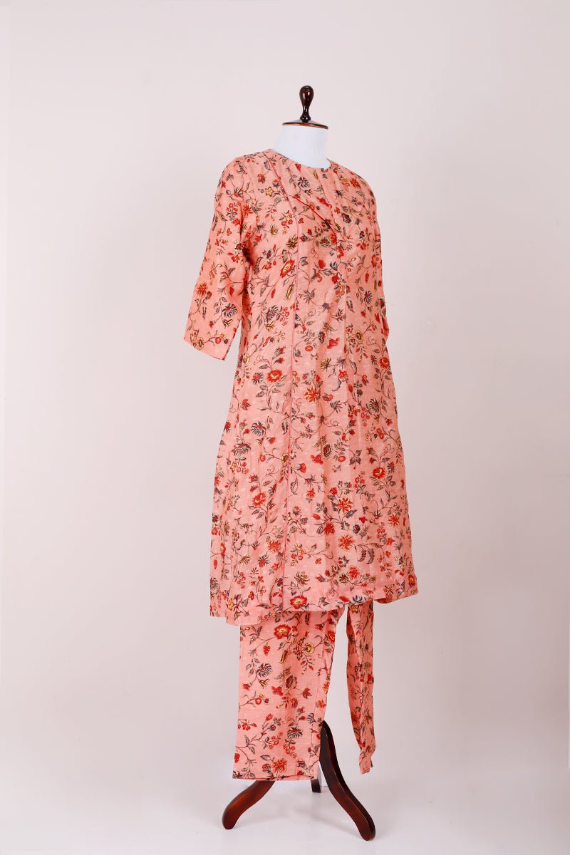 Salmon Peach Floral Printed Chanderi Silk Kurta Pant Set - Chinaya Banaras