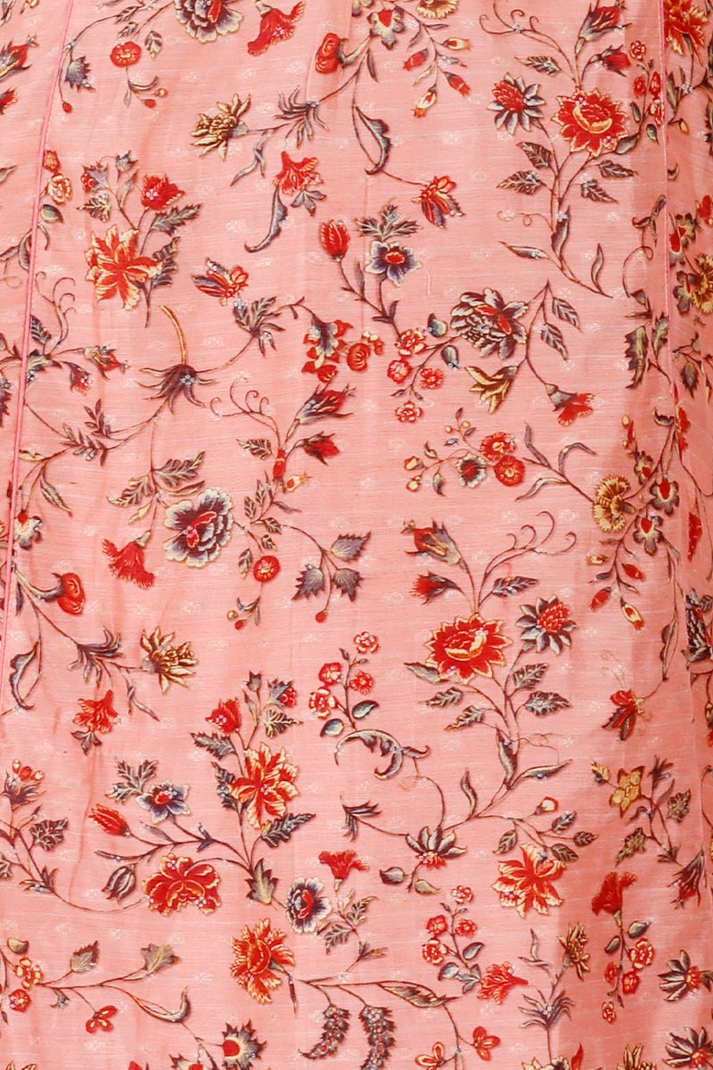 Salmon Peach Floral Printed Chanderi Silk Kurta Pant Set - Chinaya Banaras