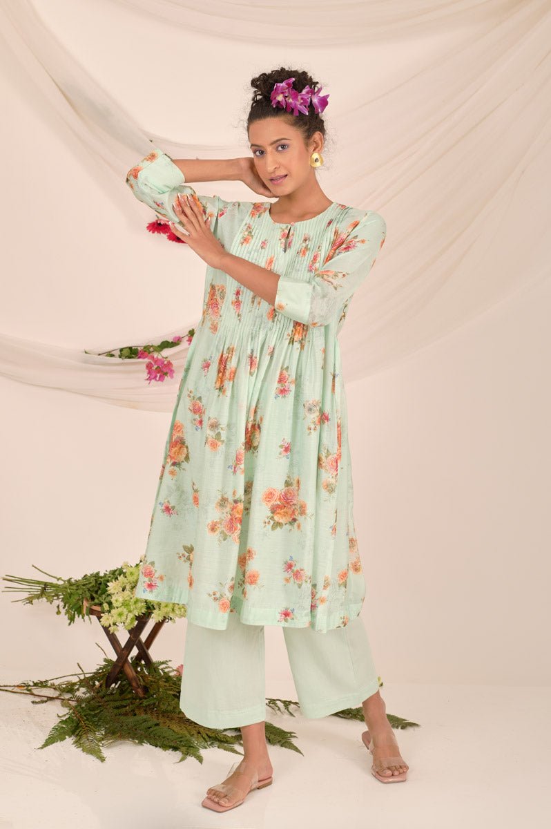 Sea Green Floral Printed Modal Kurta Set - Chinaya Banaras