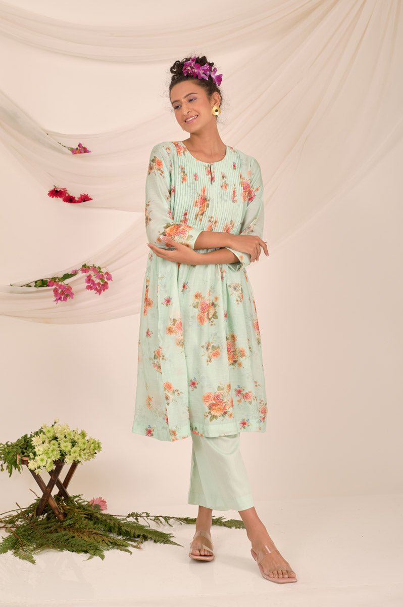 Sea Green Floral Printed Modal Kurta Set - Chinaya Banaras