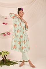 Sea Green Floral Printed Modal Kurta Set - Chinaya Banaras