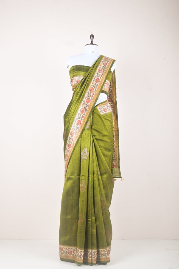 Sheen Green Handwoven Tussar Silk Saree - Chinaya Banaras