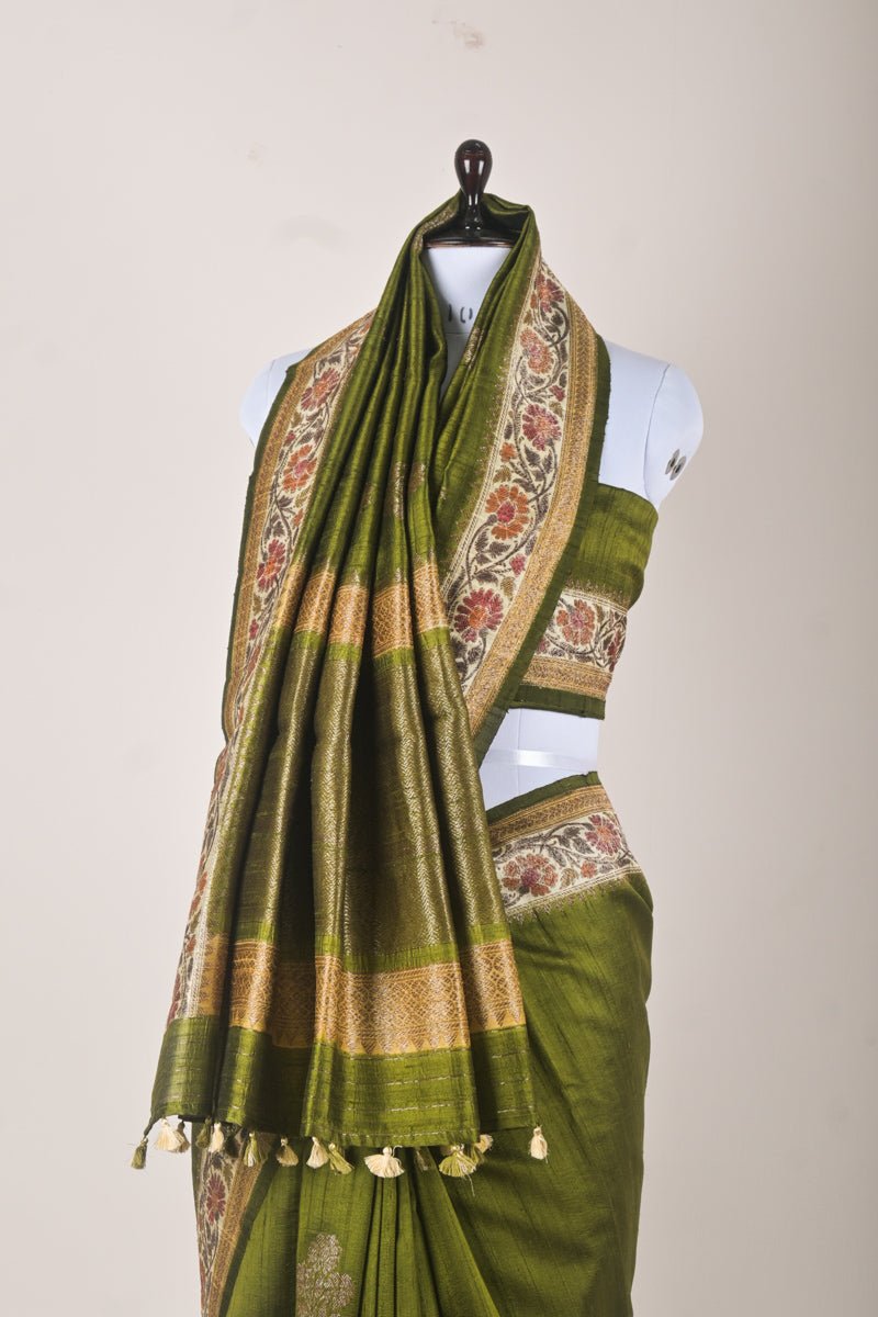 Sheen Green Handwoven Tussar Silk Saree - Chinaya Banaras